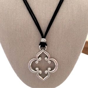 Brighton TOLEDO Silver Large Quatrefoil Pendant Black Cord Long Necklace